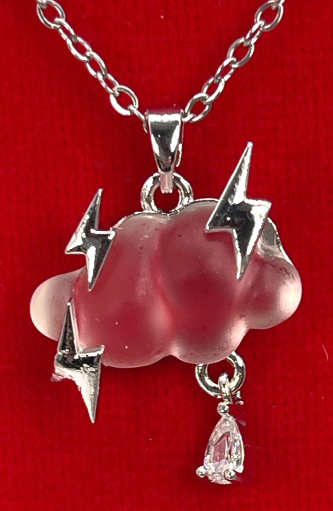 Necklace Iridescent White Cloud Silver Tone Lightning Bolts & Zirconia Rain Drop
