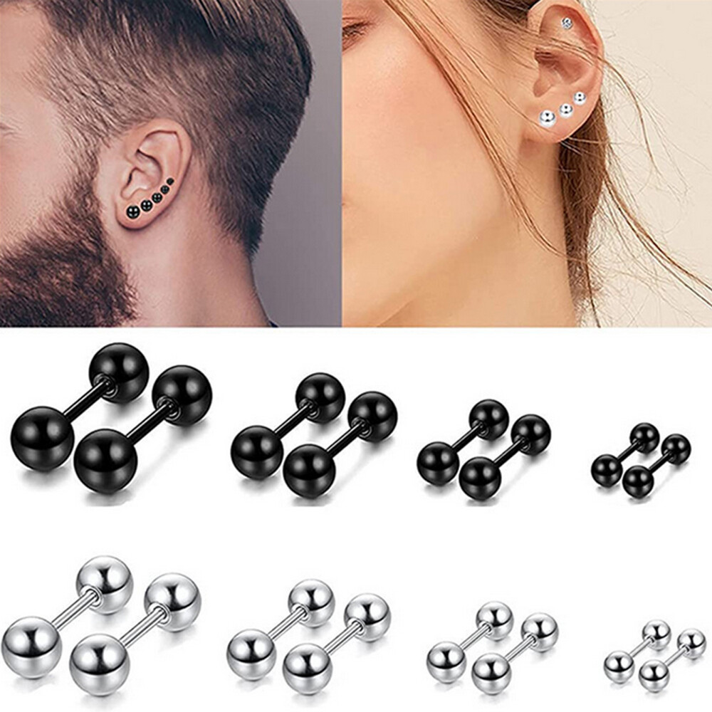 Stainless Steel Stud Earrings Round Ball Screw Back Ear Piercing for Men Women