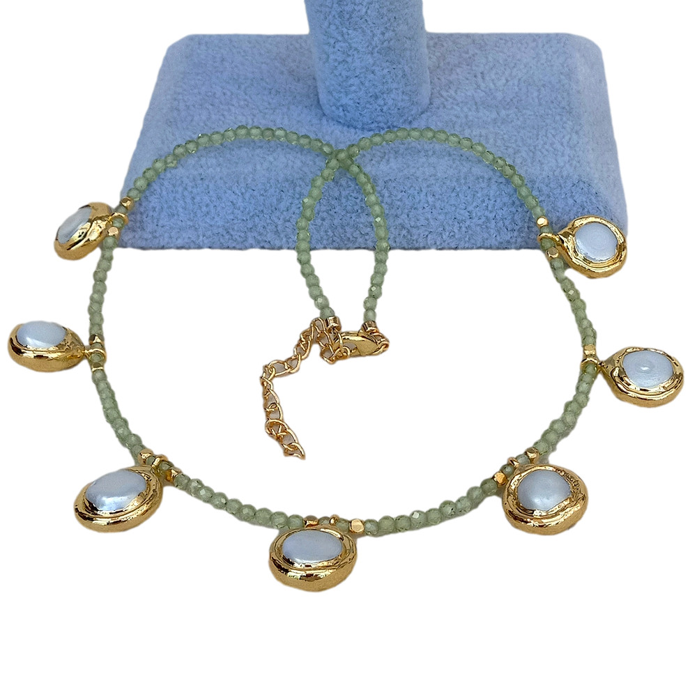 Natural Green Peridot Choker Necklace Cultured White Pearl Charm 17″