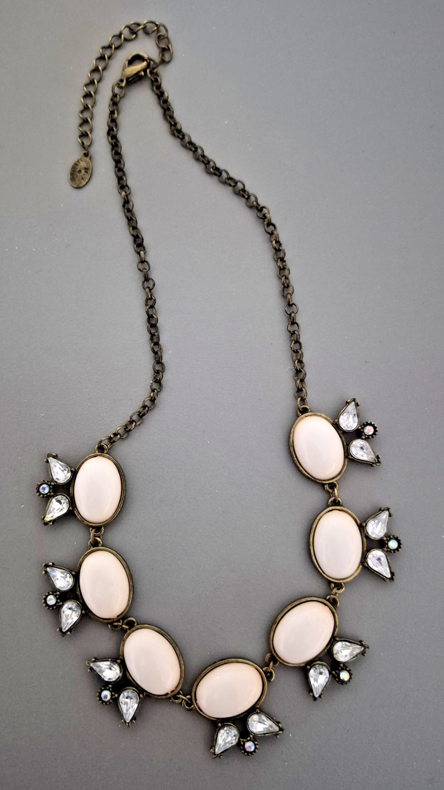 Robert Rose Necklace Pale Blush Cabochon Gray Rhinestone Antiqued Bronze Tone