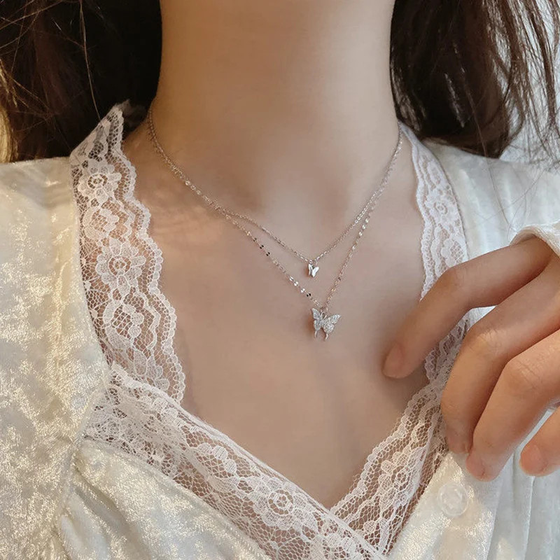 New Shiny Silver Colour Butterfly Necklace Ladies Exquisite Double Layer Clavicl