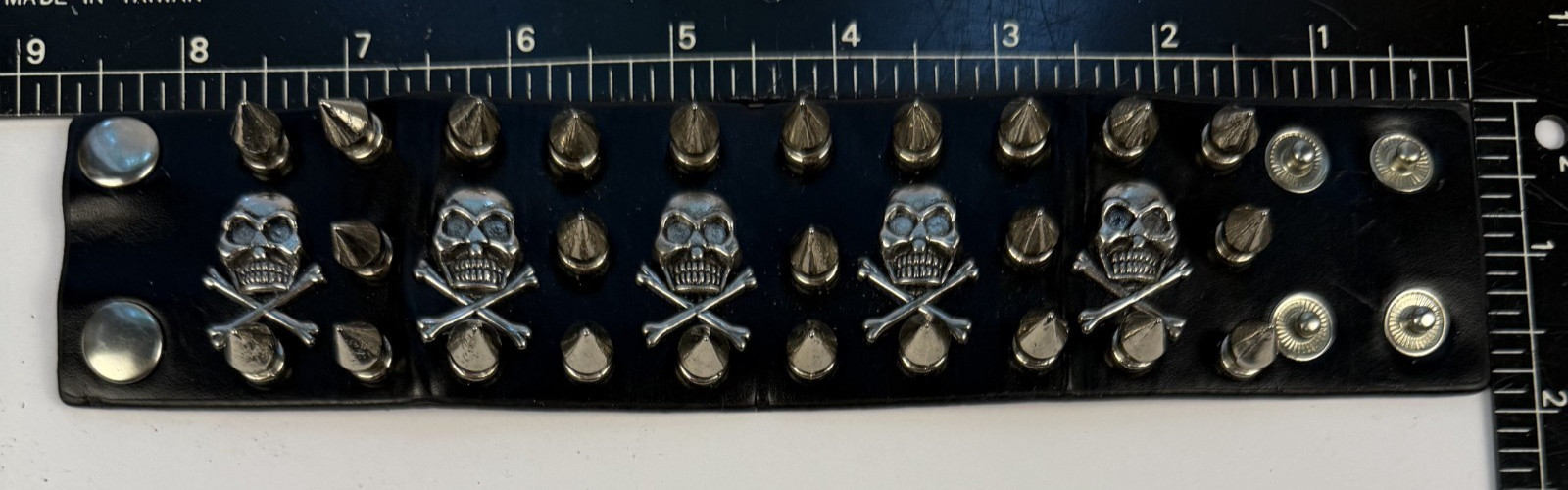 Black Leather Punk Silver Spikes & Skull Studs Gothic Wide 8 5/8 inch Bracelet