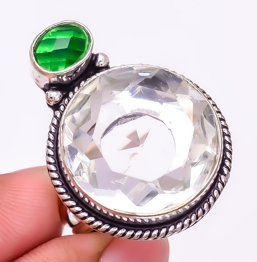 White Topaz & Tsavorite Gemstone 925 Silver Plated Ring s.7 F1876