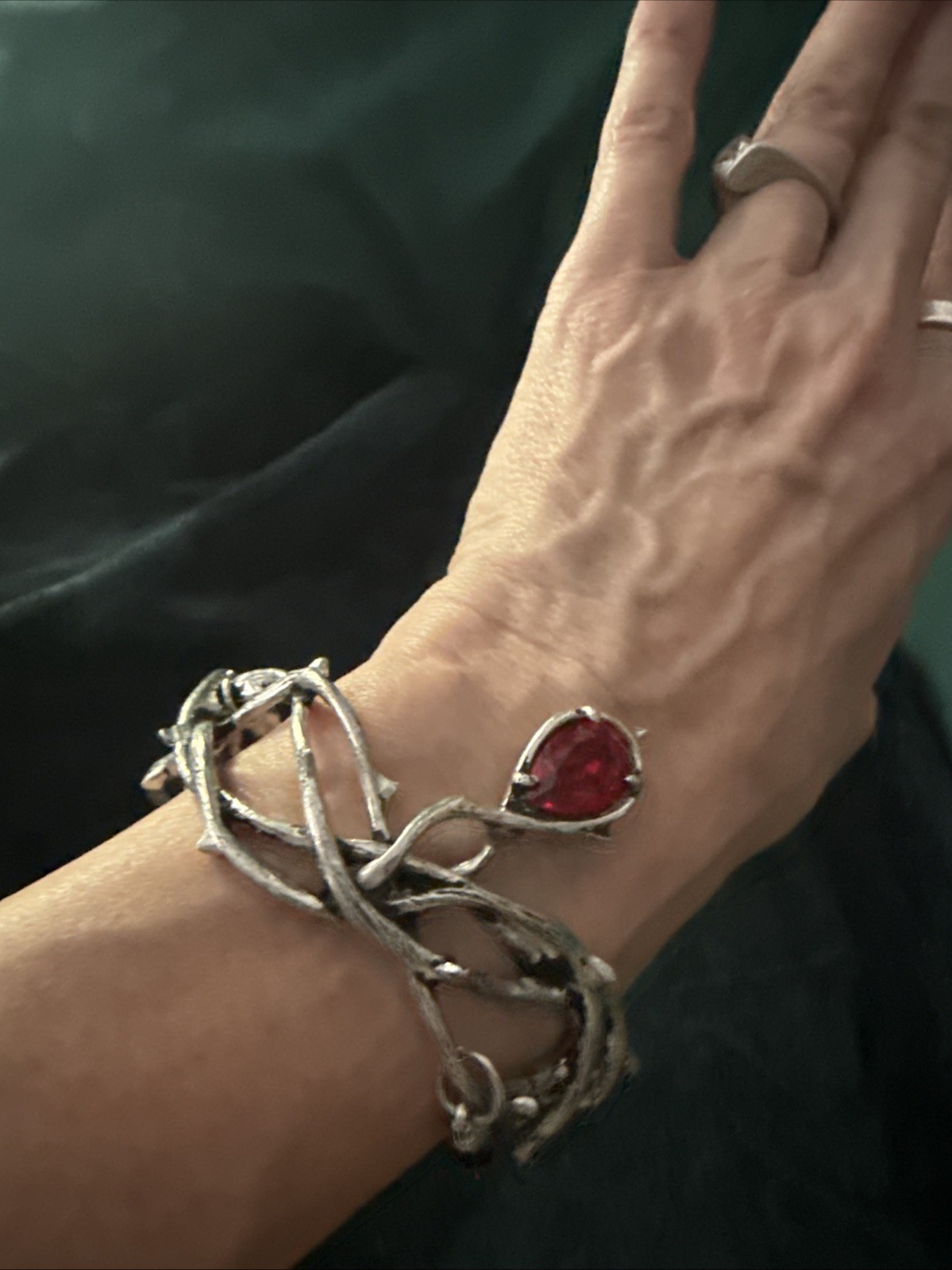 Gorgeous Gothic Silver Thorn & Red Crystal Blood Drop Cuff