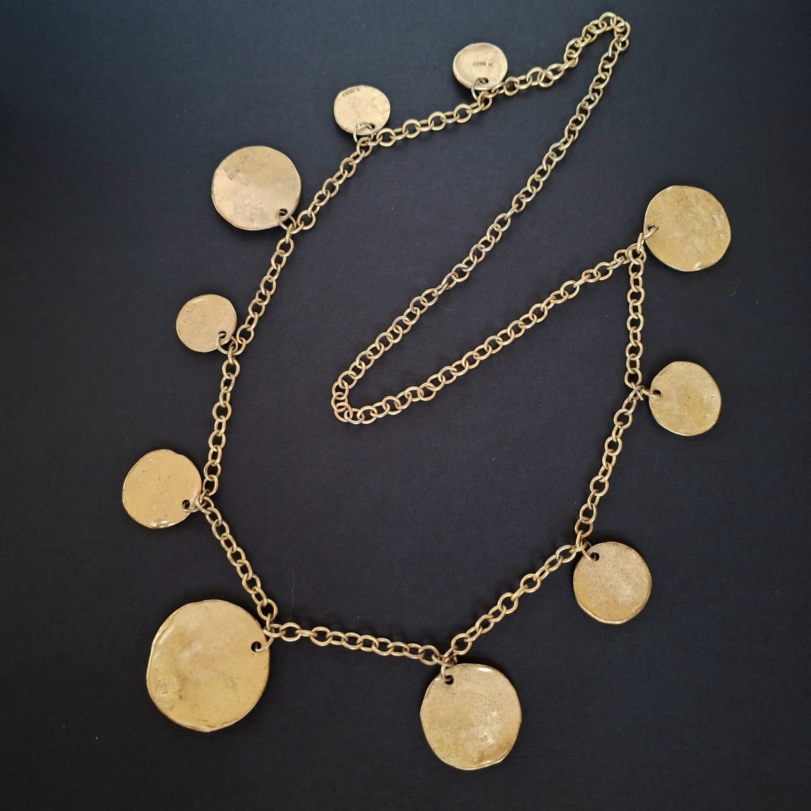 VINTAGE 1993 DKNY STATEMENT NECKLACE DONNA KARAN DESIGNER GOLD MEDALLIONS 32 IN
