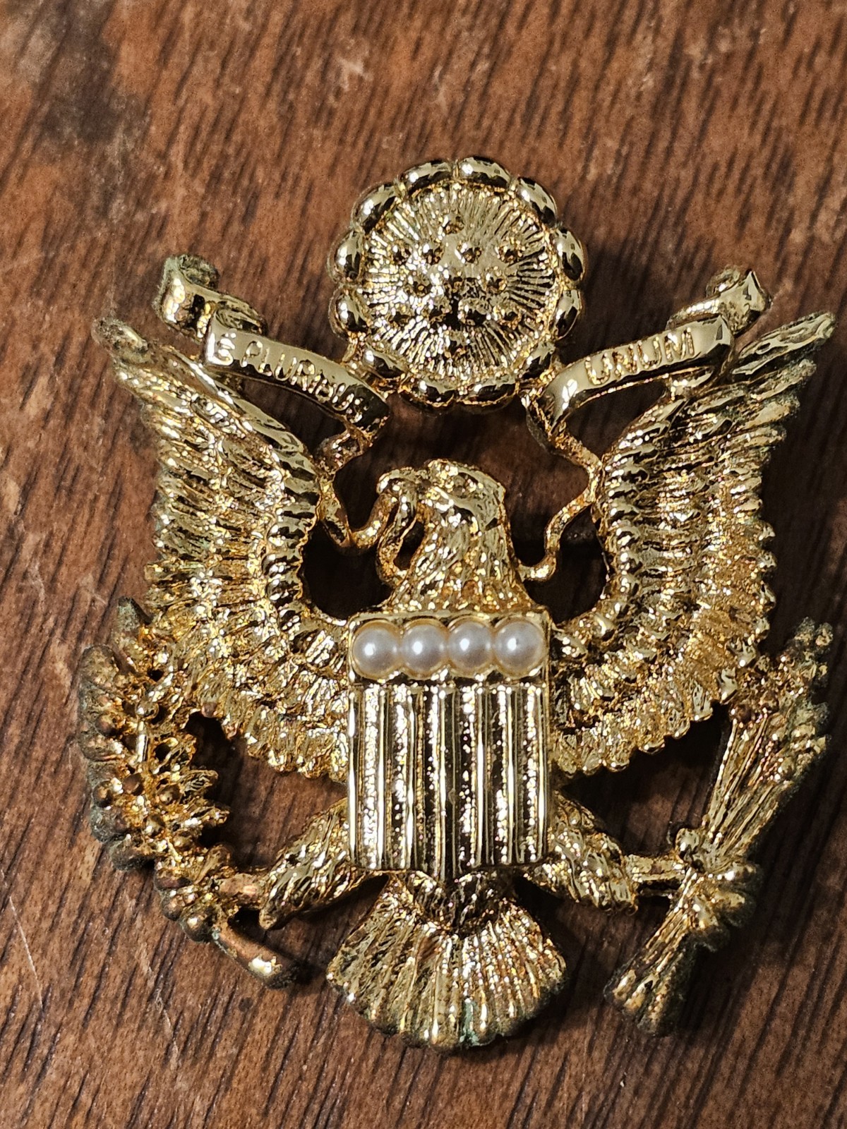 Ann Hand Great Seal Seal Of The United States Pin Brooch Gold Tone Faux Pearl