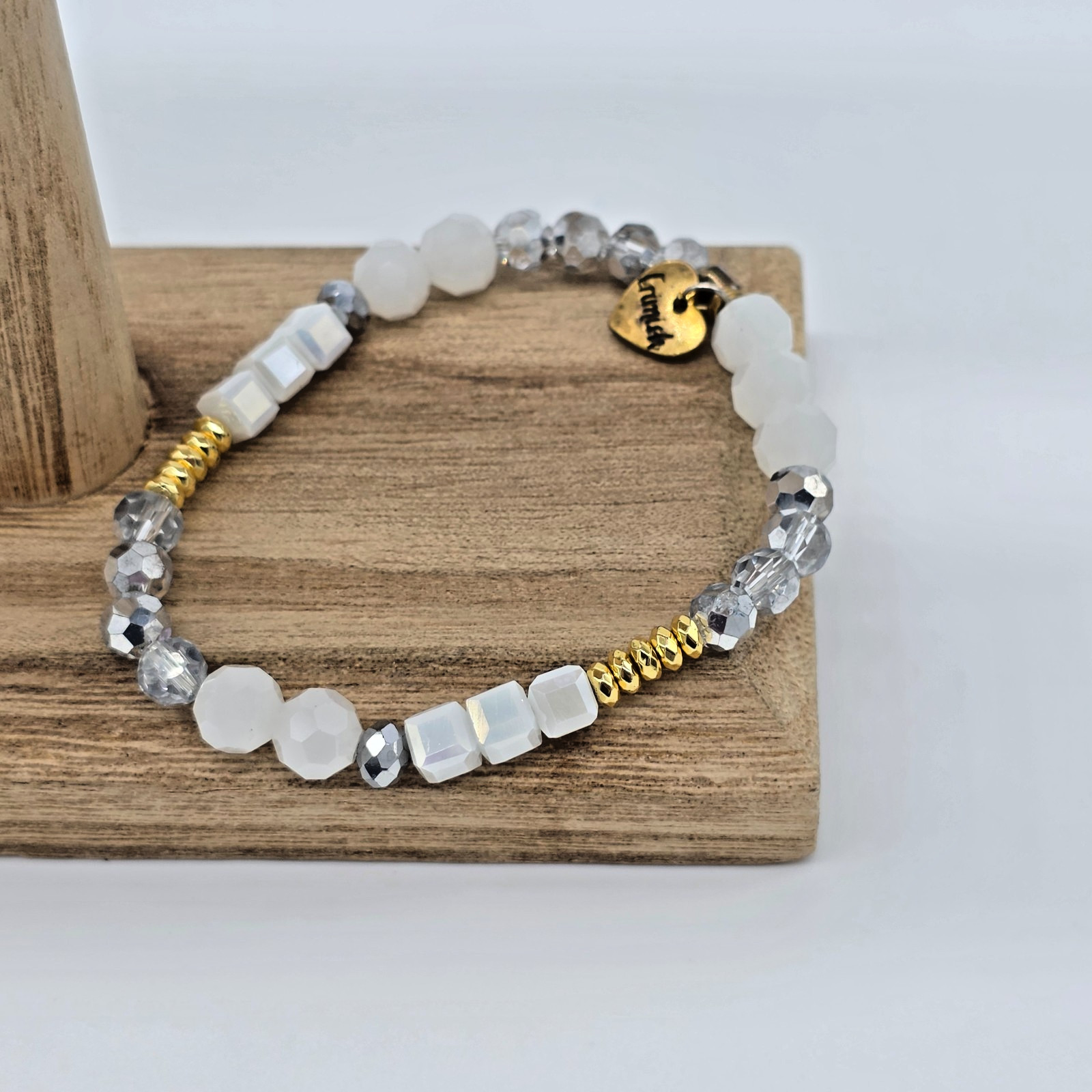 Erimish Cloud White Clear and Silver Ombre Crystal Stretch Bracelet Gold Accents