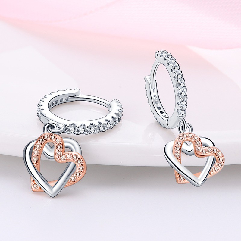 PANDACH 925 Sterling Silver Heart-to-Heart Drop Earrings For Women Jewelry Gifts