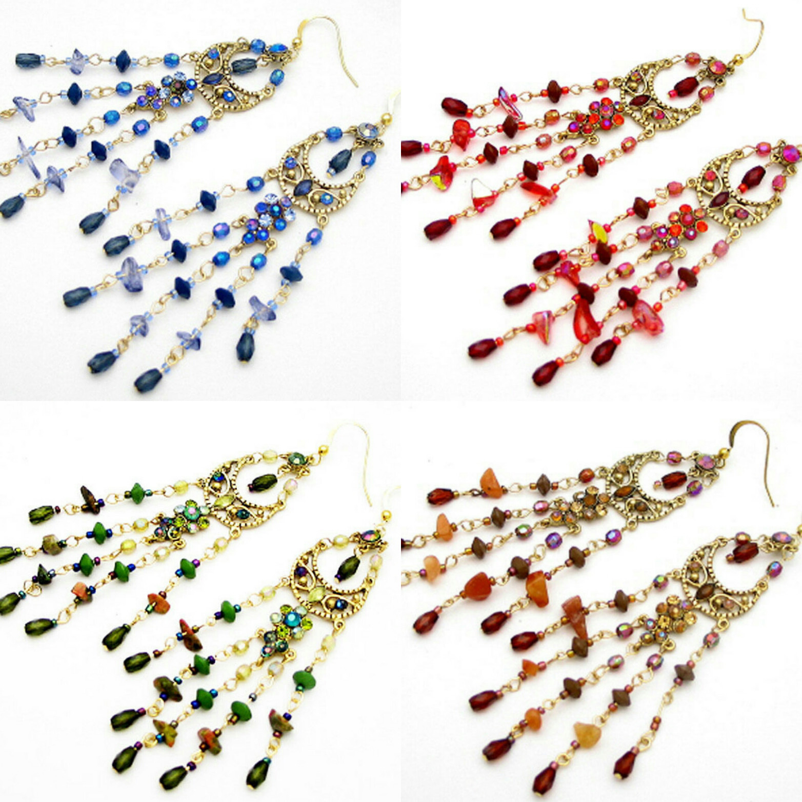DESIGNER 4.5 in BLUE RED GREEN BROWN CRYSTAL SHELL CHANDELIER GOLD EARRINGS