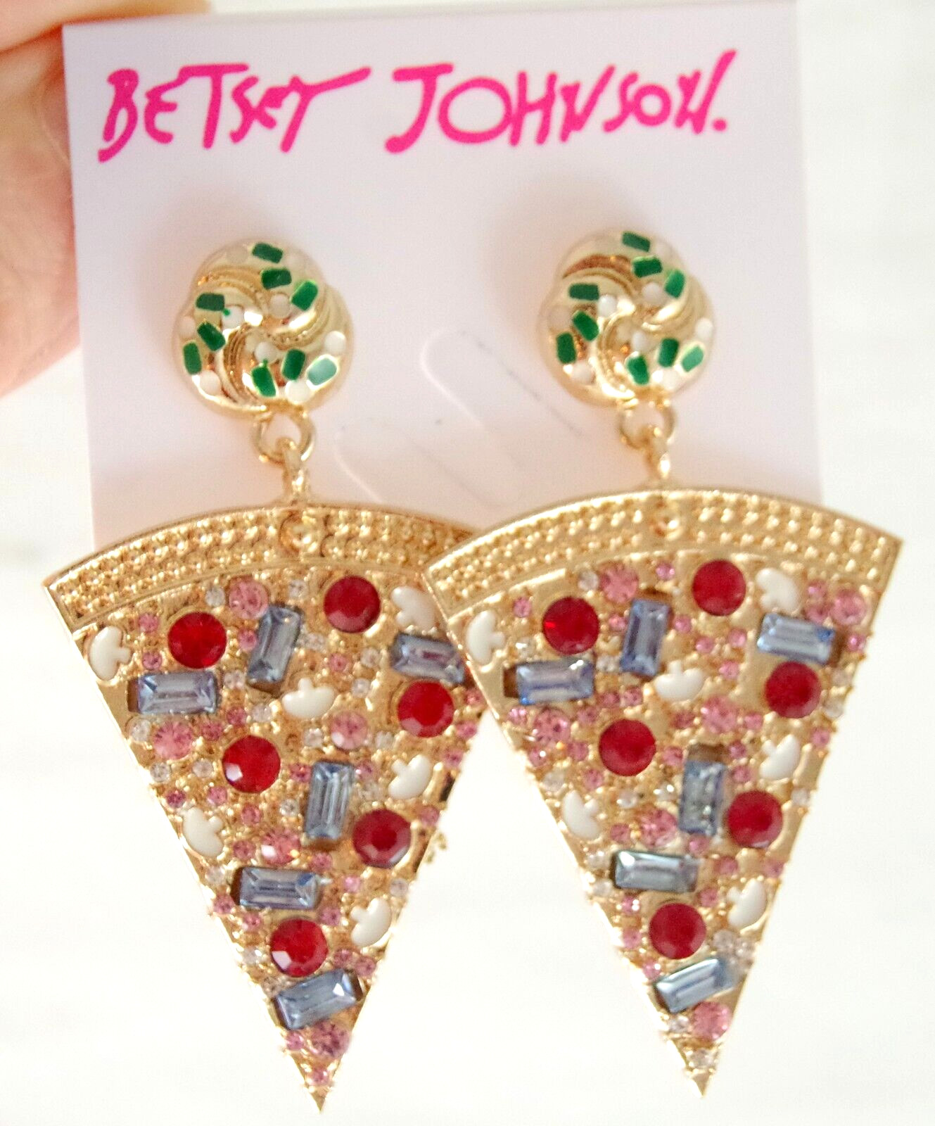 2.25″ BETSEY JOHNSON PIZZA SLICE CRYSTAL RHINESTONE/ ENAMEL DROP DANGLE EARRINGS