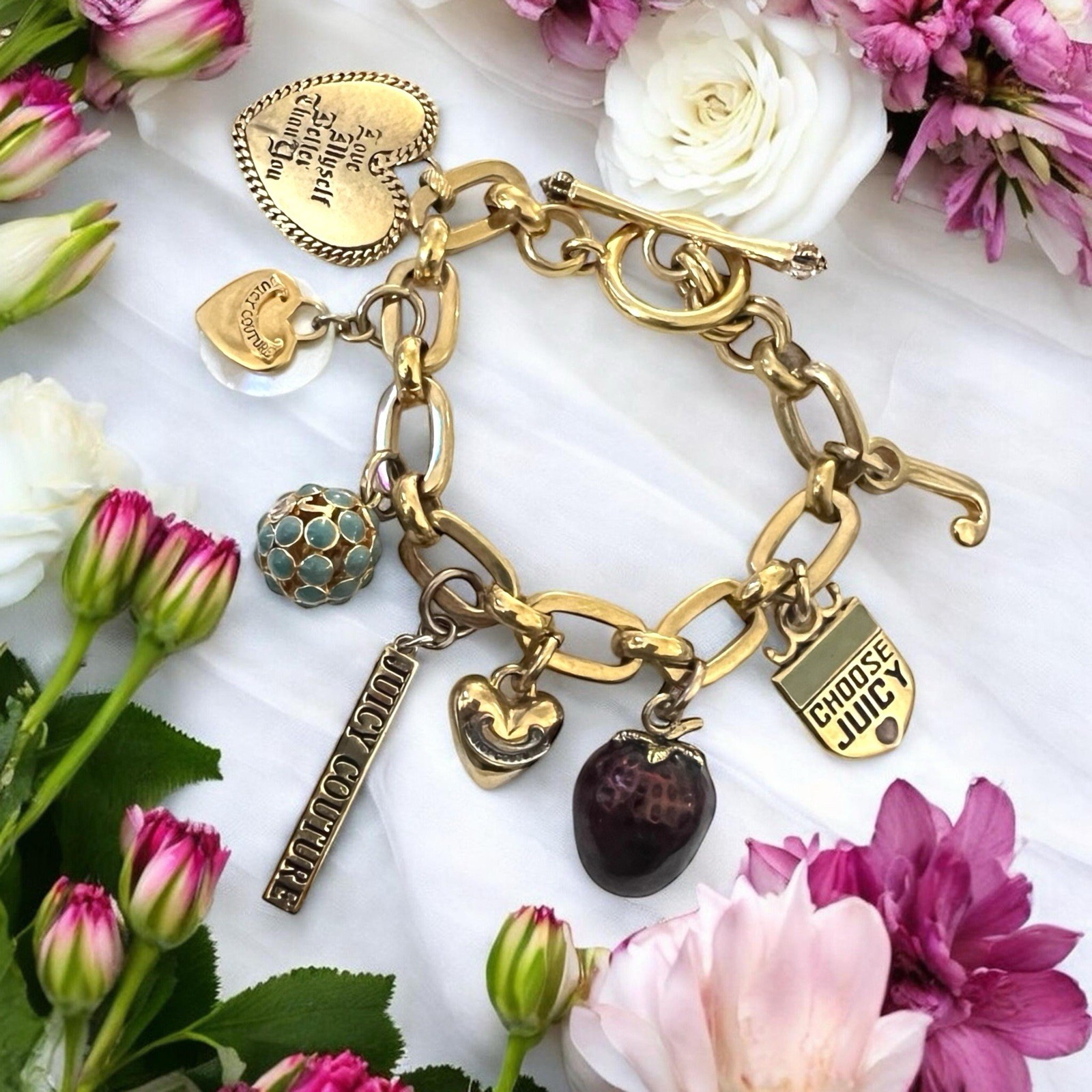 Vintage JUICY COUTURE Gold-Tone Assorted Iconic Rare Charm 7.5” Bracelet 13.1g