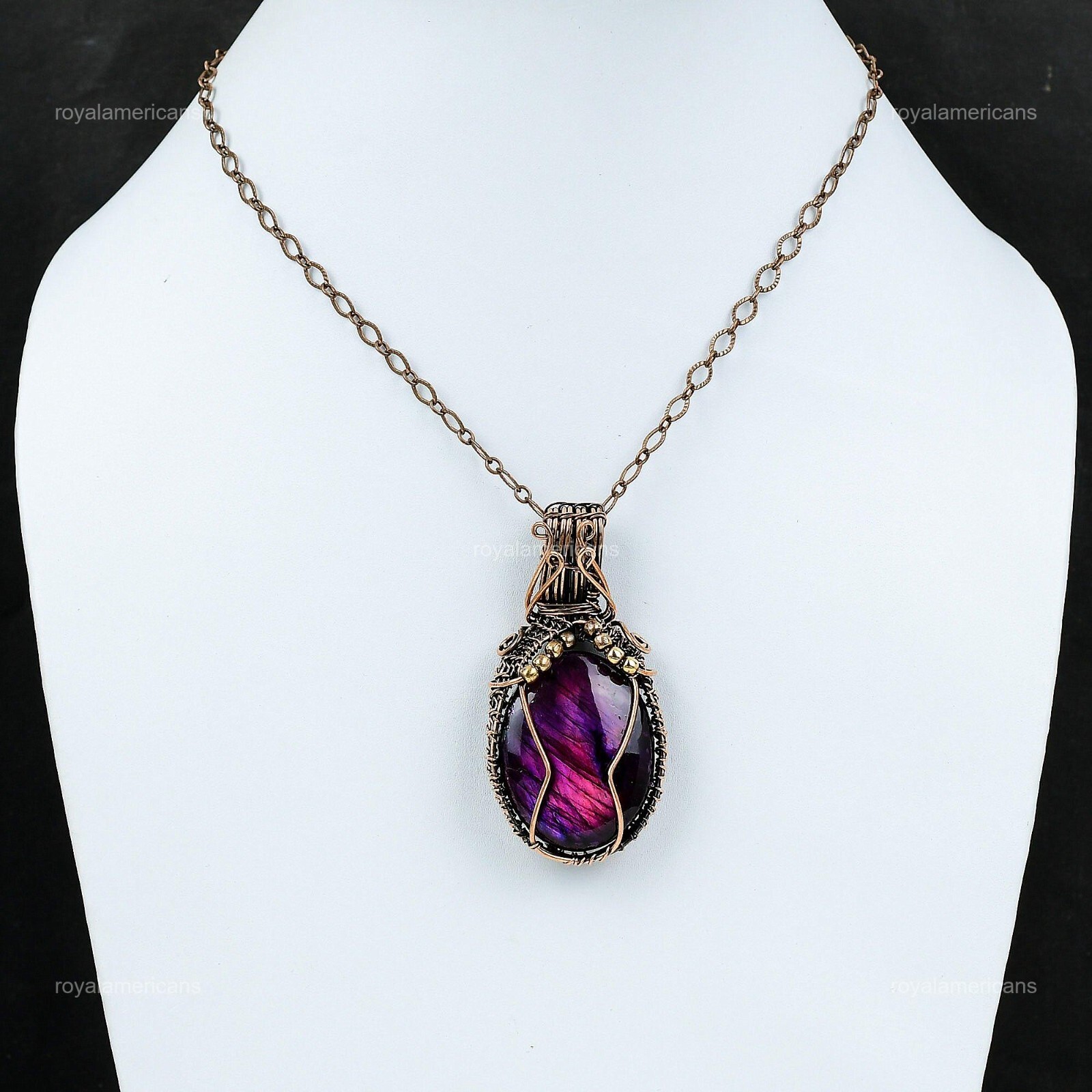 Gift For Her Pink & Purple Fire Labradorite Wire Wrapped Pendant Copper 2.56″