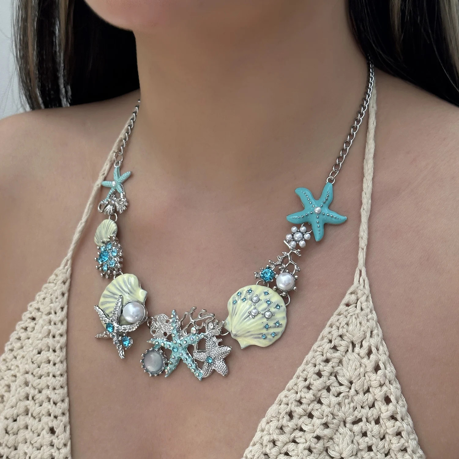 Boho Shiny Starfish Shell Coral Pearl Pendant Necklace for Women Exaggerated Met