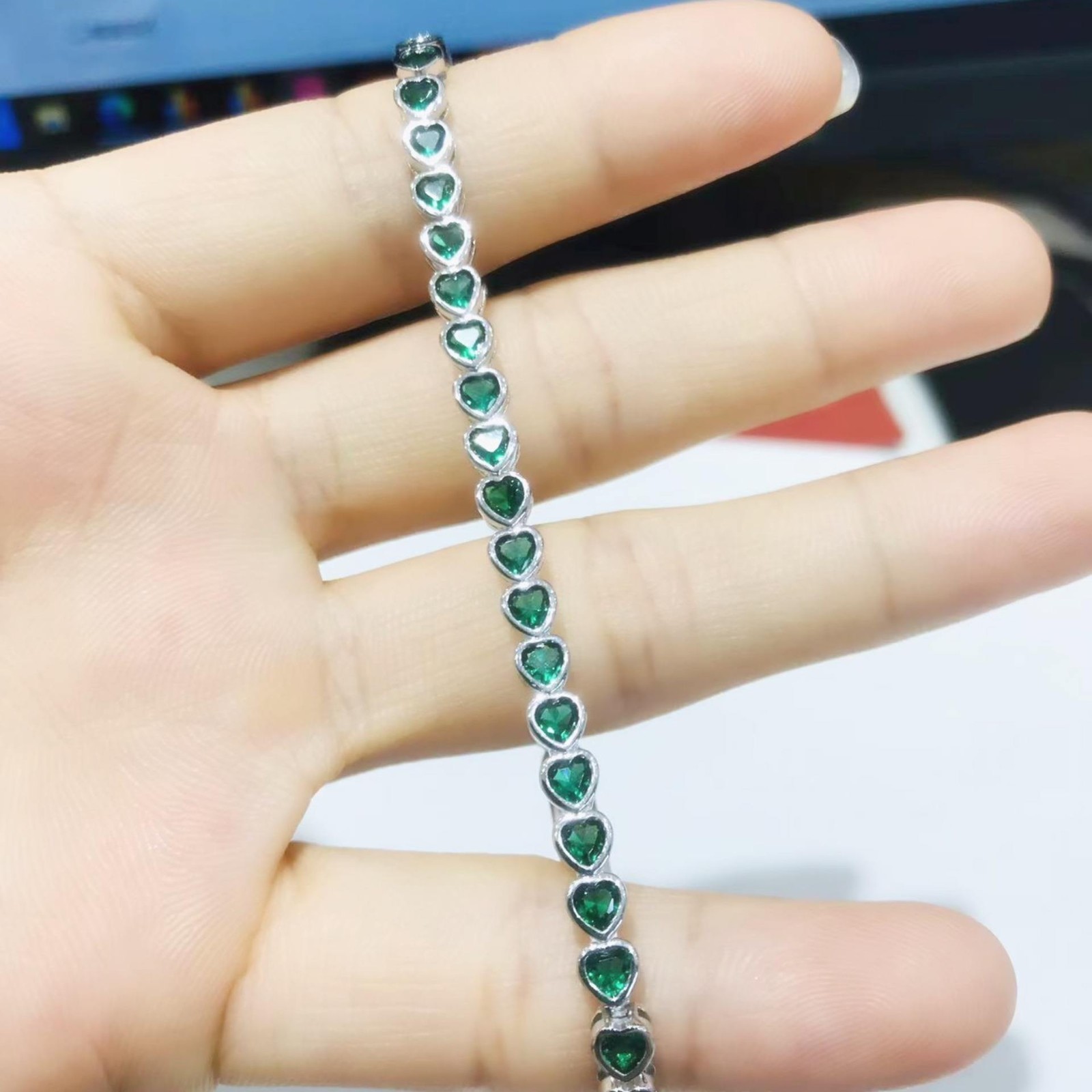 Green Heart Cut Tennis Bracelet Silver Tone Emerald Crystal Link Bracelet Women