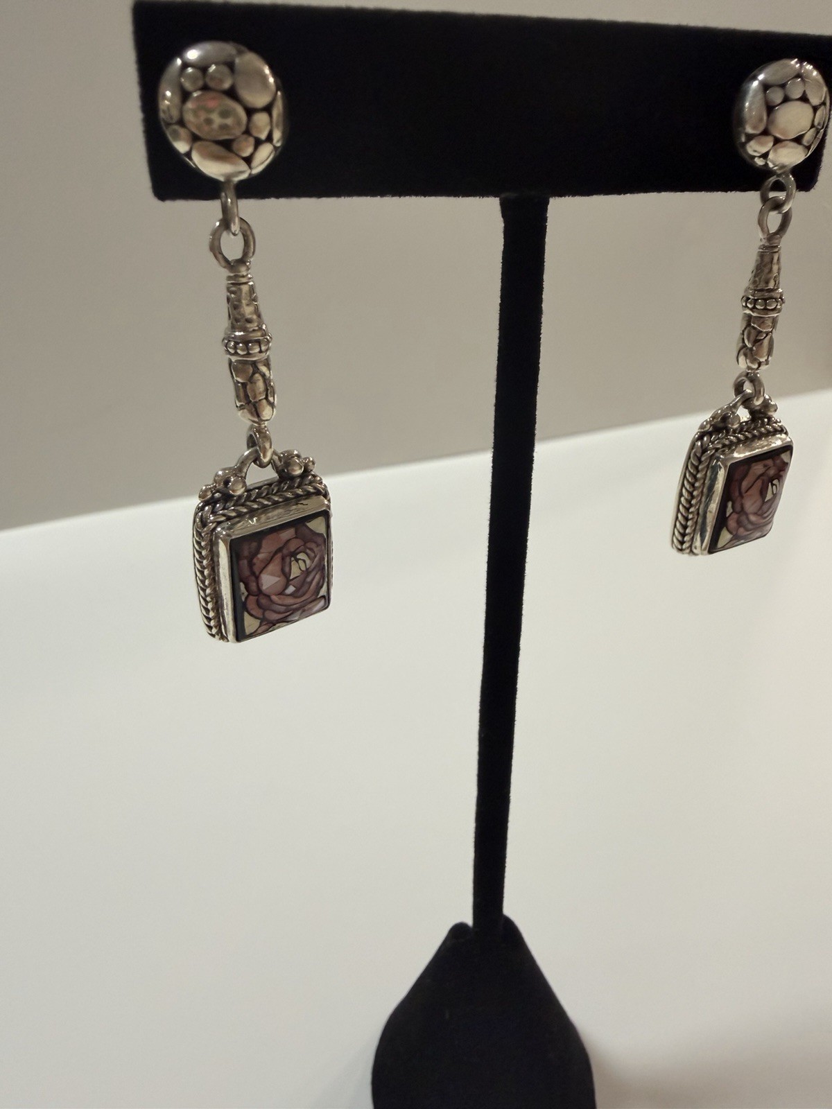 SARDA 925 Sterling Silver Pink Mother of Pearl Mosaic Rose Dangle Earrings