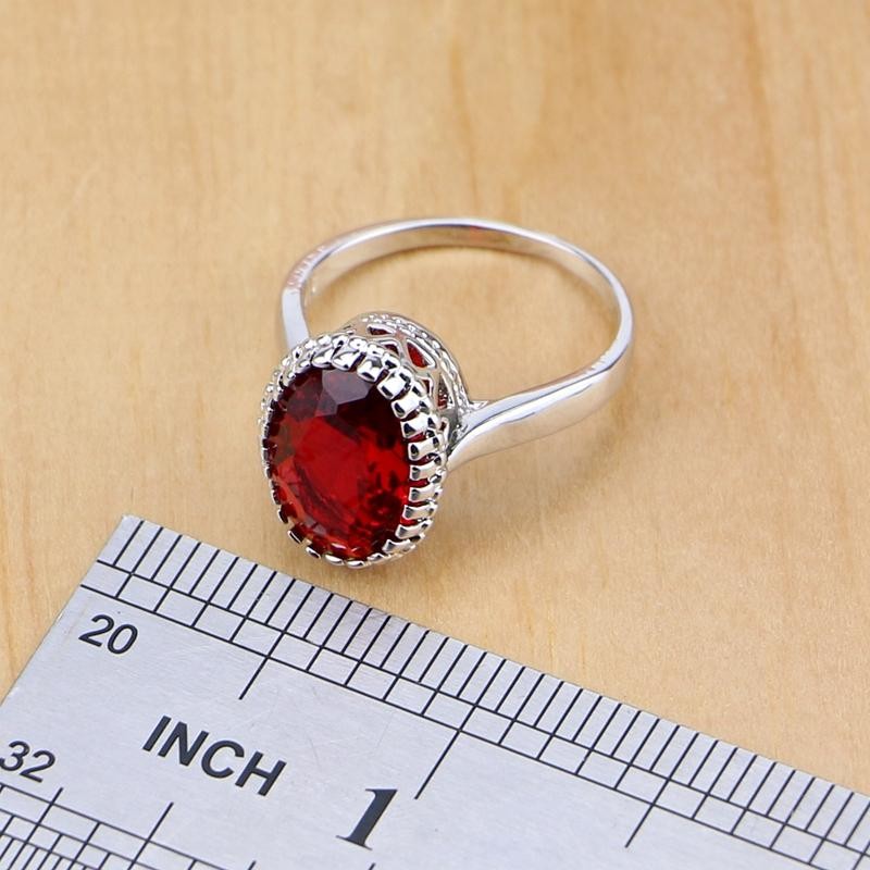 925 Sterling Silver Red Birthstone Jewelry Set Necklace Earrings Ring Gift