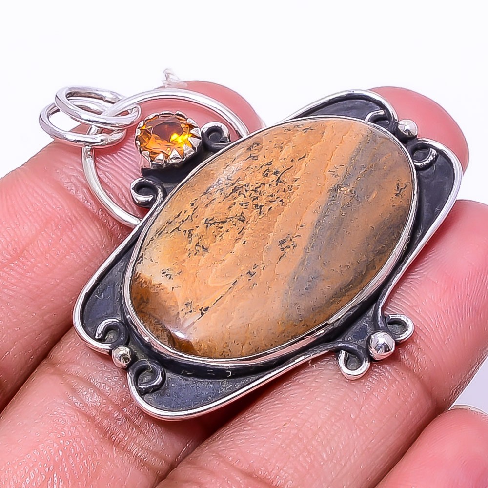Picture Jasper – Oregon & Citrine Handmade 925 Sterling Silver Pendant 1.72″ P32