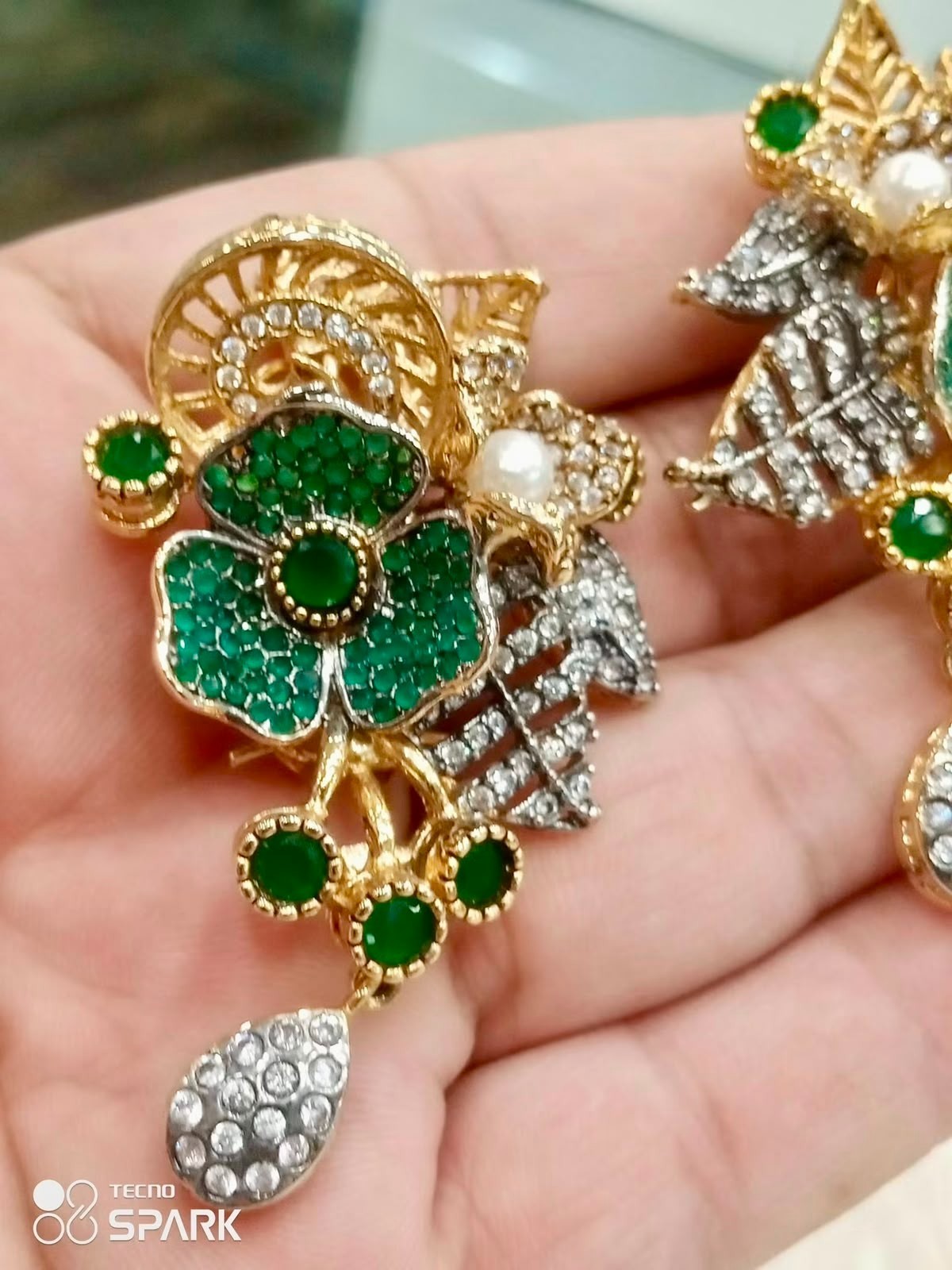 Pakistani Gold Plated Green Crystal Bridal Earring Flower Dangle Wedding Jewelry