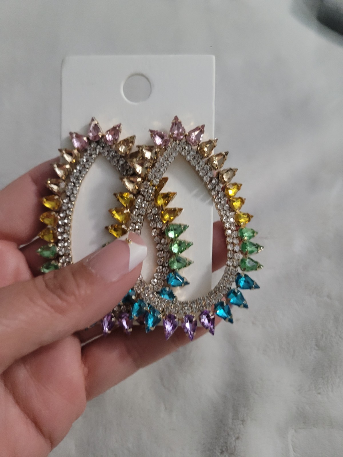 Large Rainbow Rhinestone Statement Earrings –