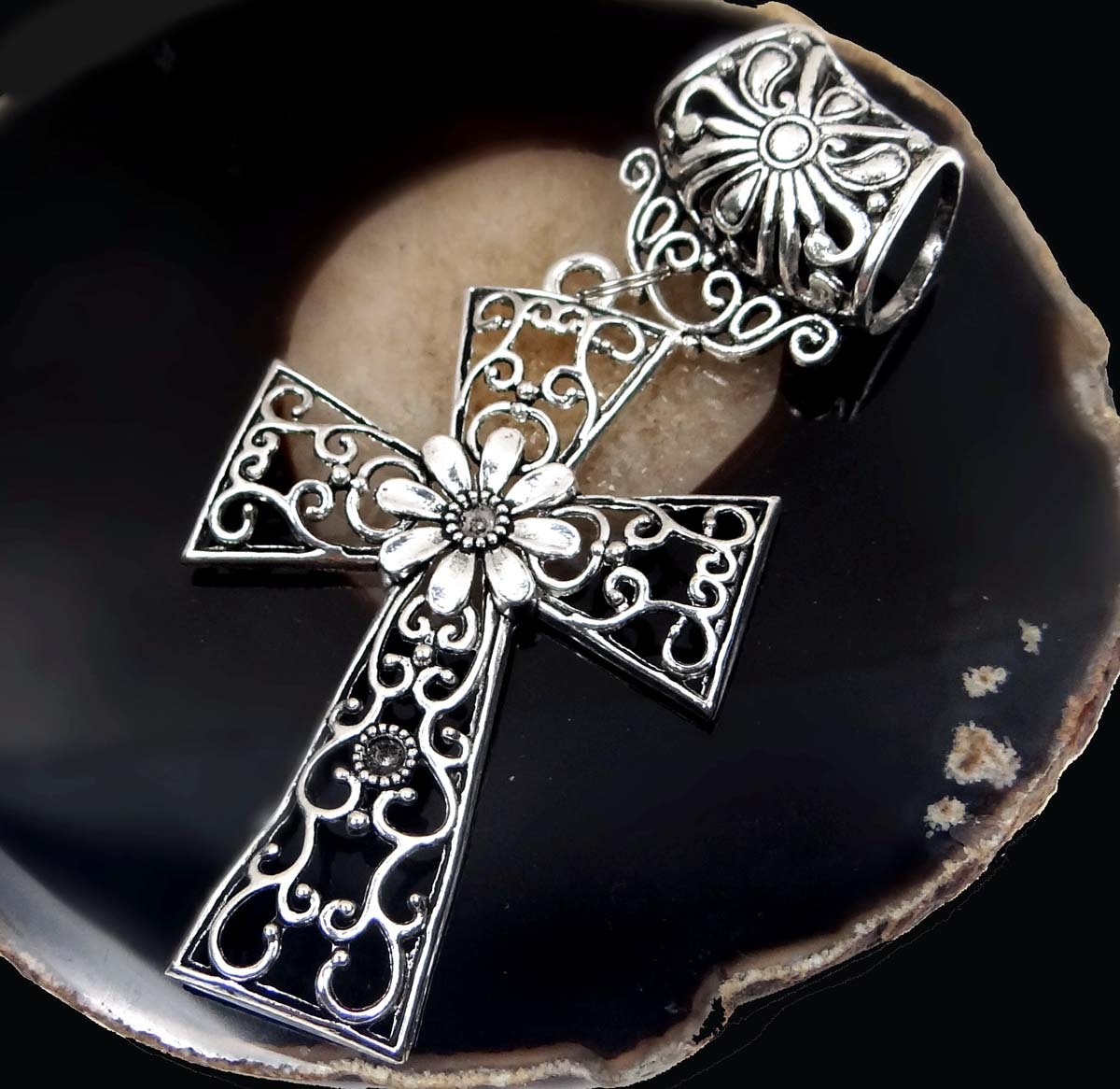 Scarf Pendant Silver Pewter Filigree Cross Slide