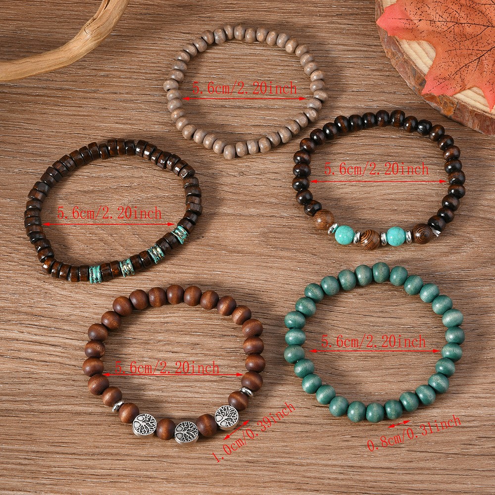 Vintage Men’s Wood Beaded Bracelet Turquoise Stone Life Tree Multi Layer