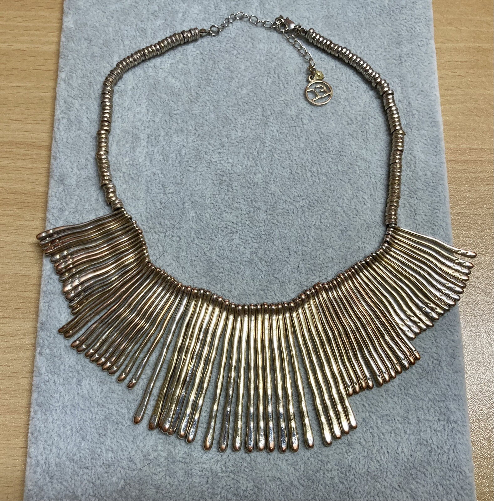 Erica Lyons Cleopatra Tri-color Gold Silver CopperColumn Bar Bib Necklace 15-18″