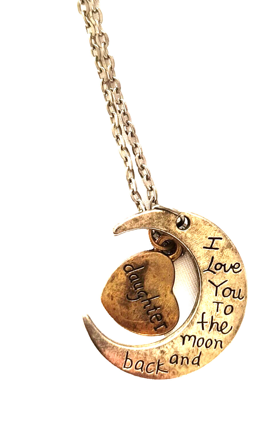 Daughter Love You To the Moon Silvertone /Brass Color Charm Necklace Adjustable