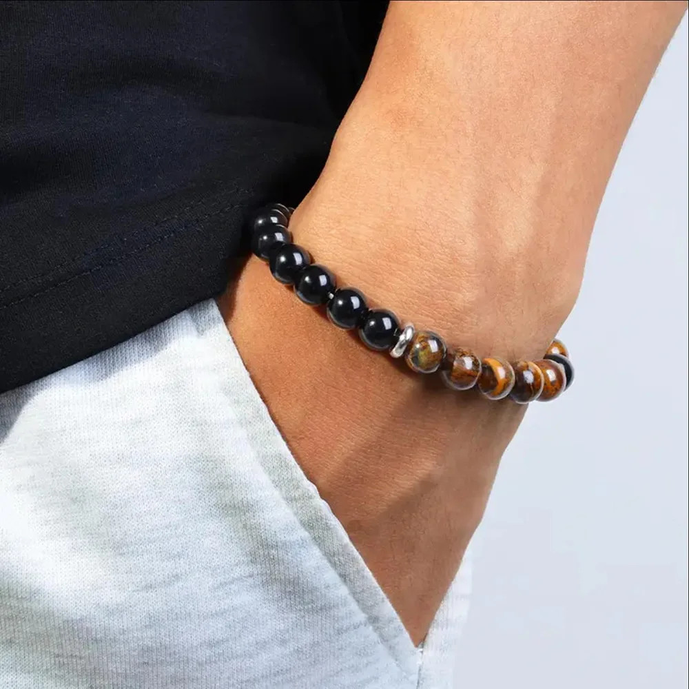 Natural Triple Protection Stretch Bracelet 8mm Tiger Eye Black Obsidian Hematite
