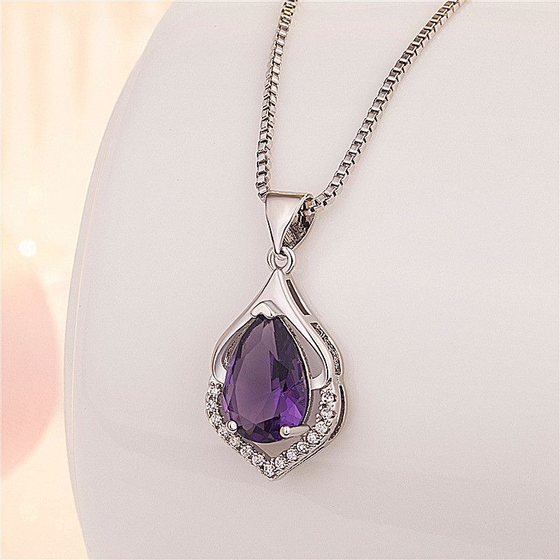 Women’s Amethyst Necklace Elegant Crystal Chain Pendant Jewellery Silver