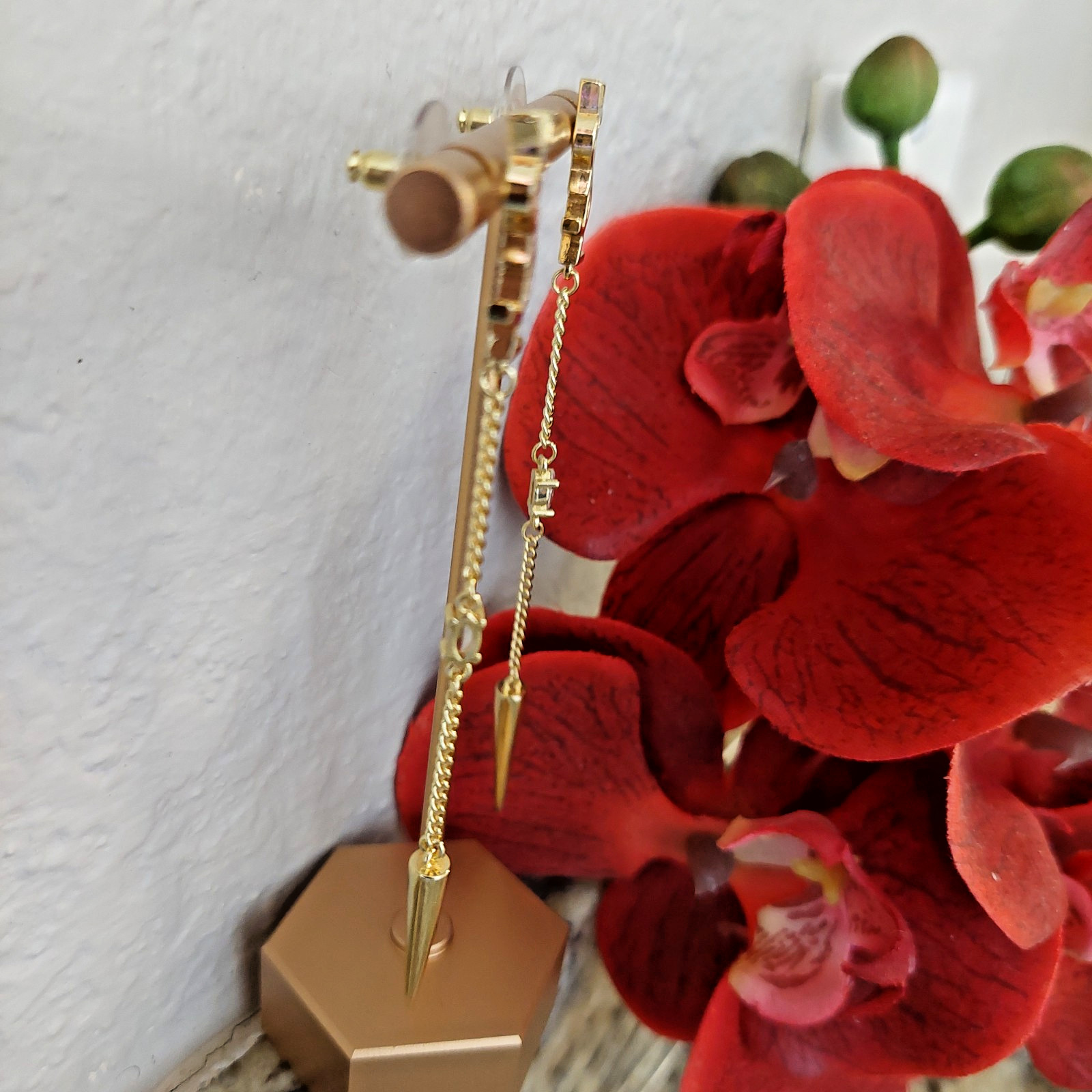 Auth YVES SAINT LAURENT YSL Crystal LOGO Long Chain Drop EARRINGS Gold T G2U