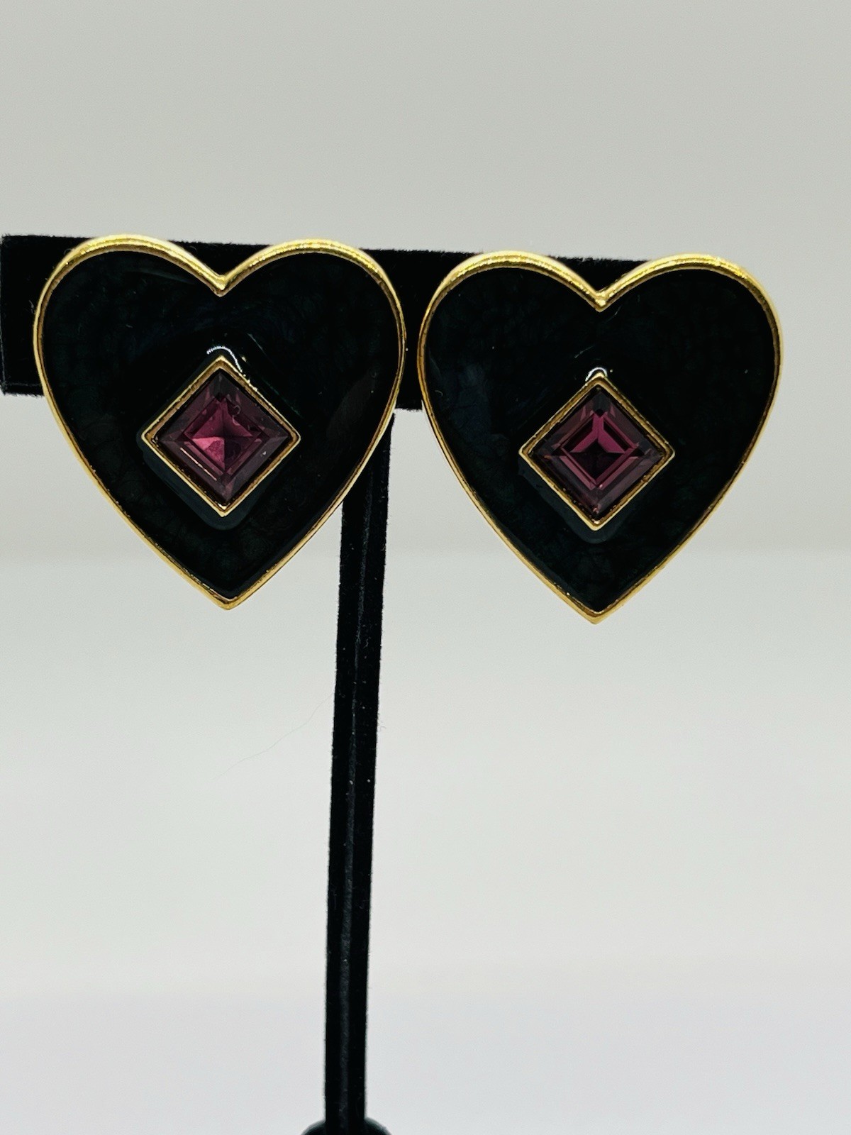 Yves Saint Laurent YSL Vintage Dark Green Heart Amethyst Diamond Clip, Earrings