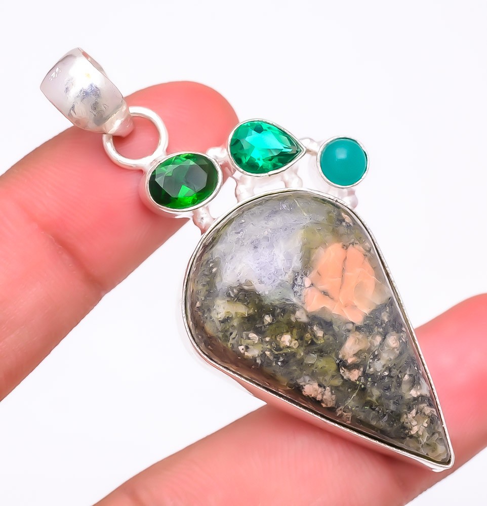 Natural Unakite & Tsavorite 925 Silver Plated Jewelry Pendant 2.4″ F303706