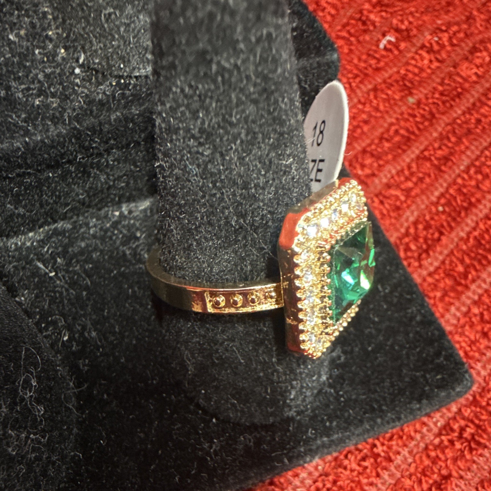 Green Square Stone Halo Crystal Cocktail Ring Gold Tone Metal Size 9 US