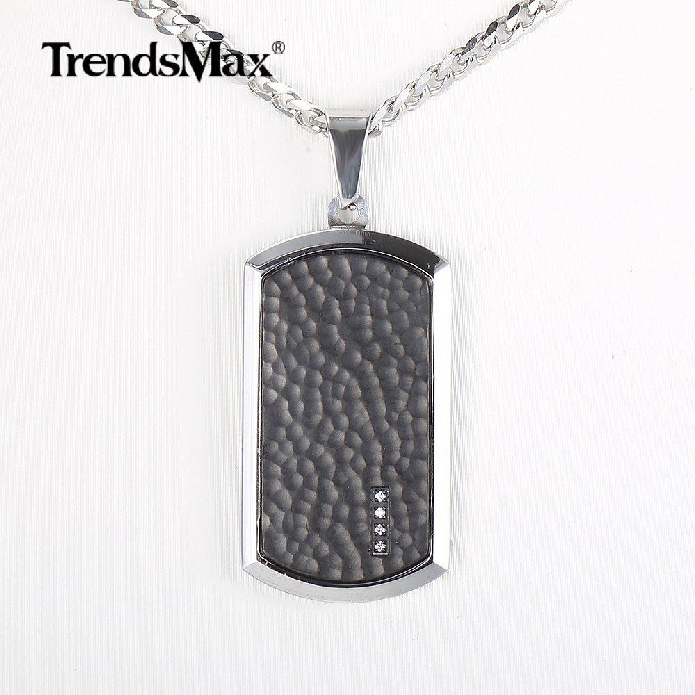 Stainless Steel Dog Tag Pendant Necklace 18-30″ Silver Curb Chain Clear CZ Charm
