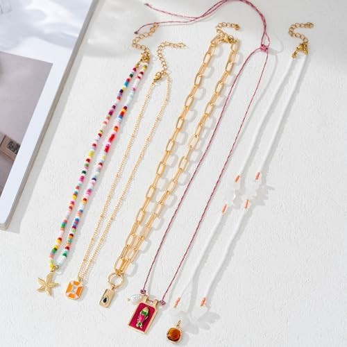 Pendant Necklace Set Bohemian Style Beaded Fish Star 5 Layered Collarbone Chain,