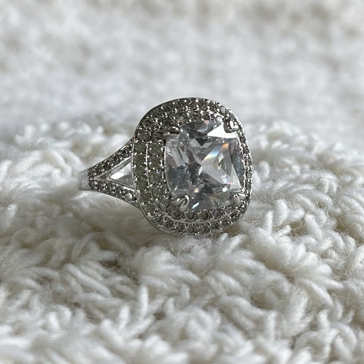 Size 8 Statement Ring Large Cushion Cut Clear Stone Halo Setting