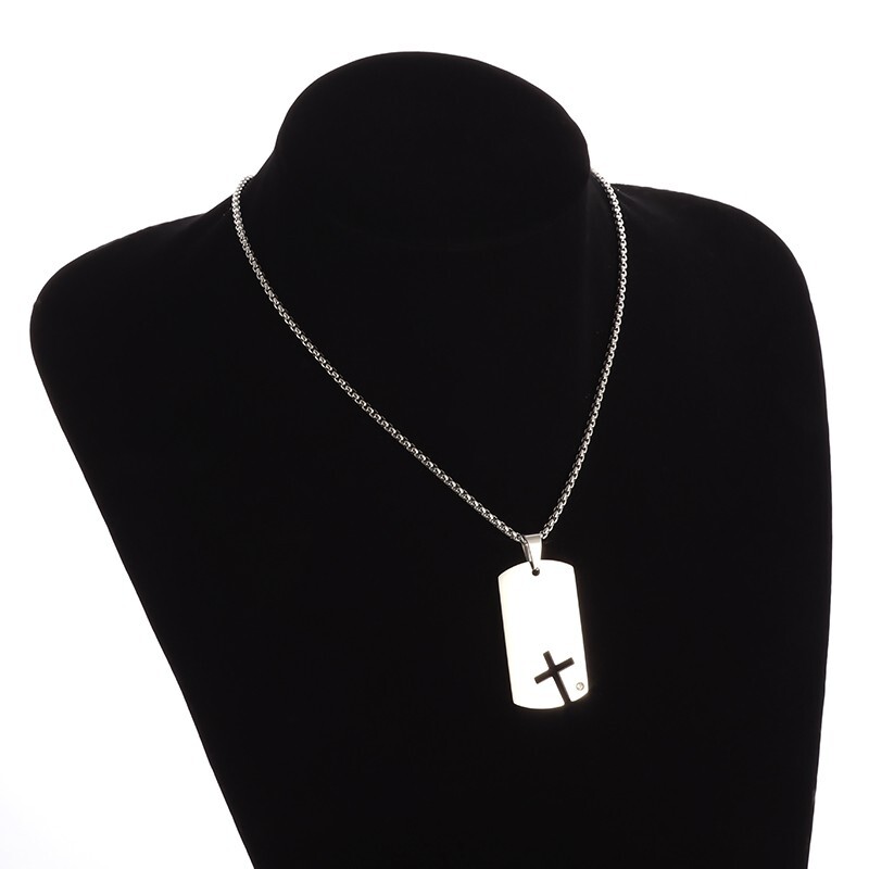 Stainless Steel Silver-Tone Dog Tag Cross Religious Pendant Necklace, 23- 1/2″