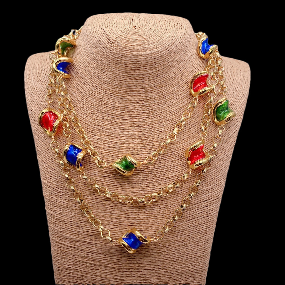3 Strands Green Blue Red Murano Glass Gold Plated Chain Necklace