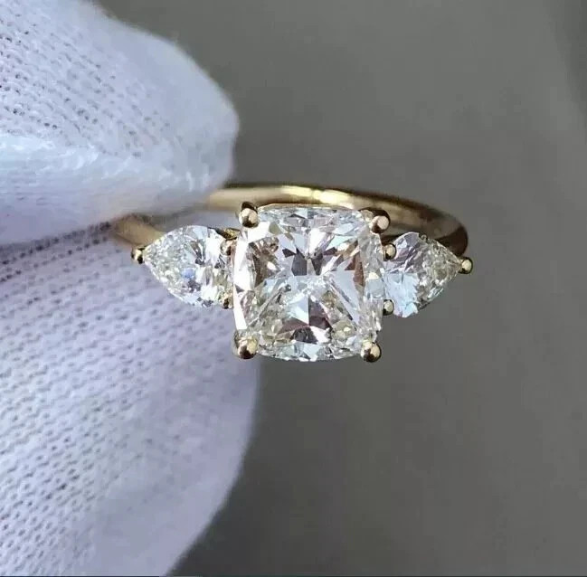 3Ct Cushion Cut Simulated Diamond 3-Stone Engagement Ring 14k Yellow Gold Plated