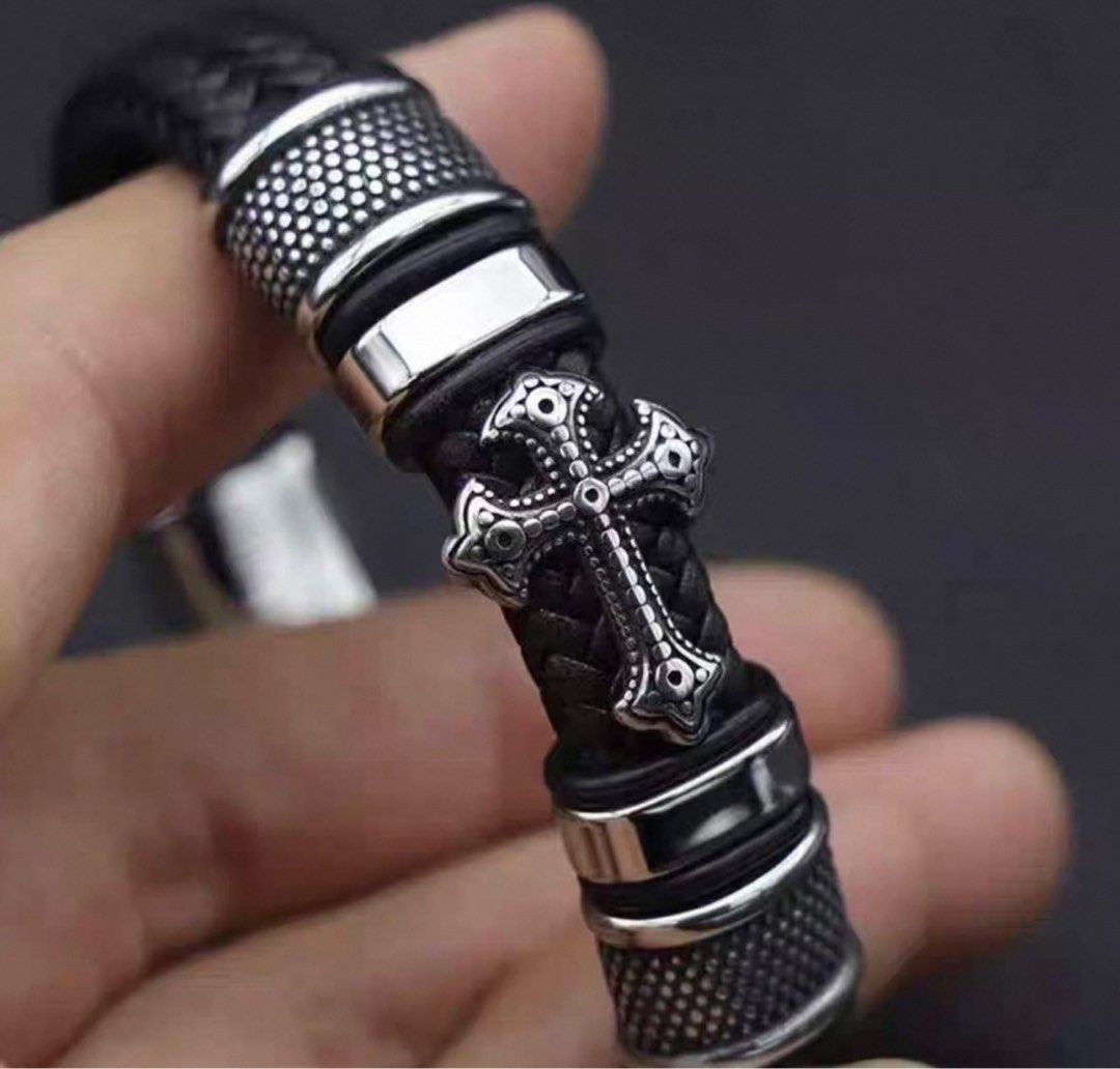 Men’s Cross Leather Bracelet Braided Christian Bangle Stainless Steel Jewelry