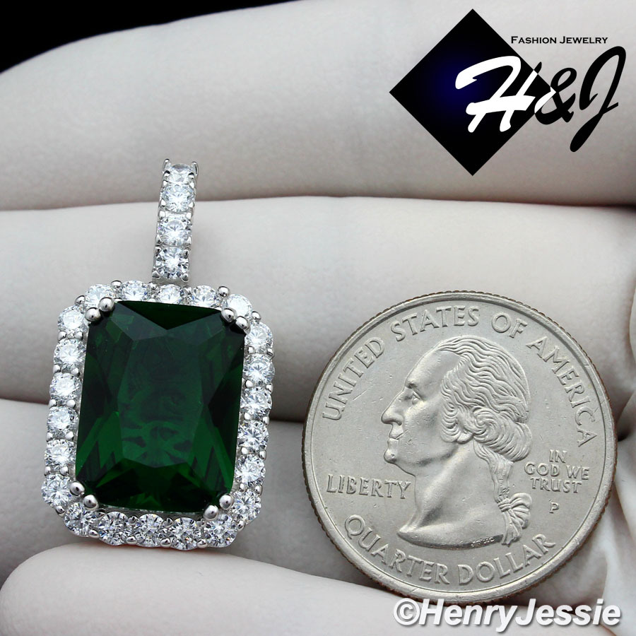 24″MEN 925 STERLING SILVER 2MM MOON CUT BEAD CHIAN GREEN RHINESTONE PENDANT*P156