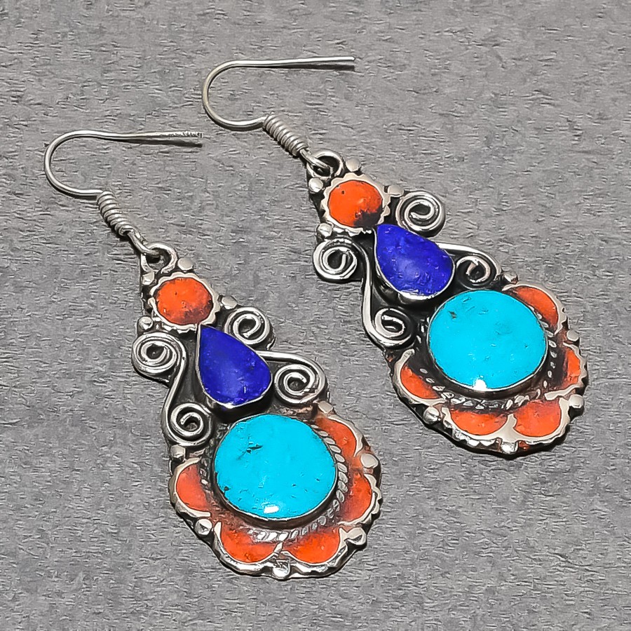 Turquoise Coral Lapis lazuli Earring Tibetan Vintage Nepali Jewelry 2.2″ NE 5308