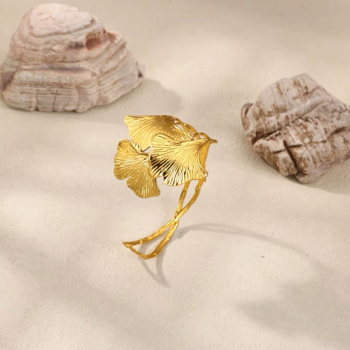 Ginkgo Leaf Zara Bracelet Art Nouveau Gold Sculptural Boho Museum VTG