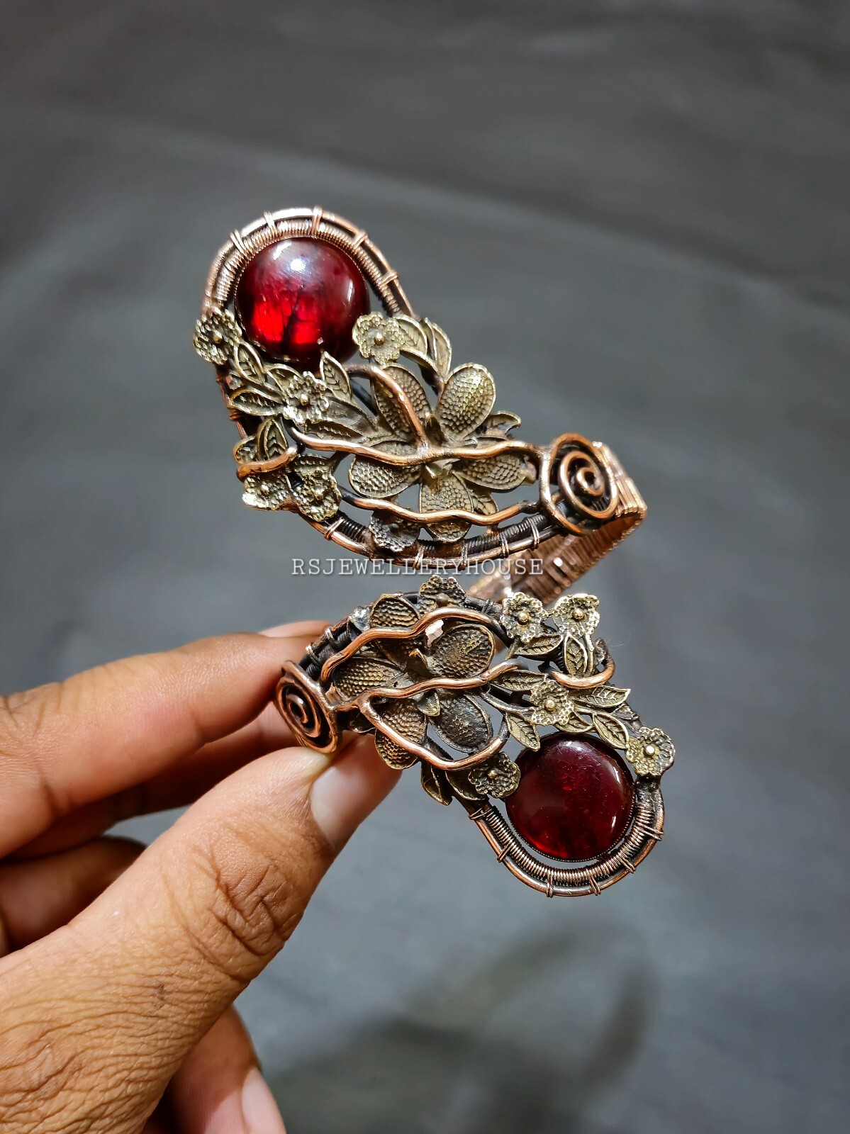 Beautiful Double red Labradorite Gemstone Bracelet Cuff Wire Wrapped Bangle Gift