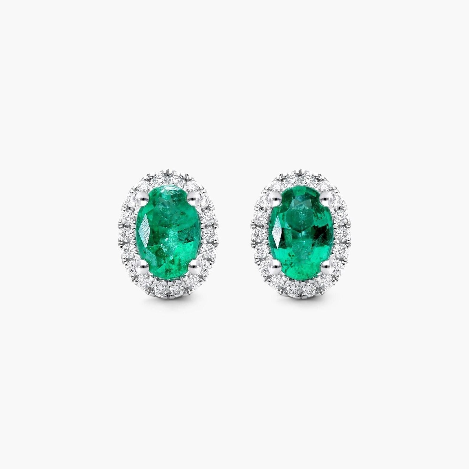 92.5 Solid Sterling Silver Emerald Stud, 6×8 MM Oval Halo Earrings Gifts For Her