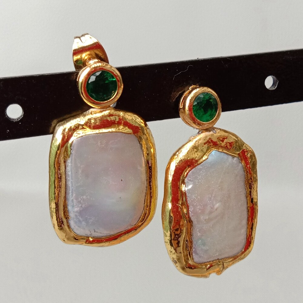 Freshwater Cultured White Biwa Rectangle Pearl Stud Cubic Zirconia Pave Earrings
