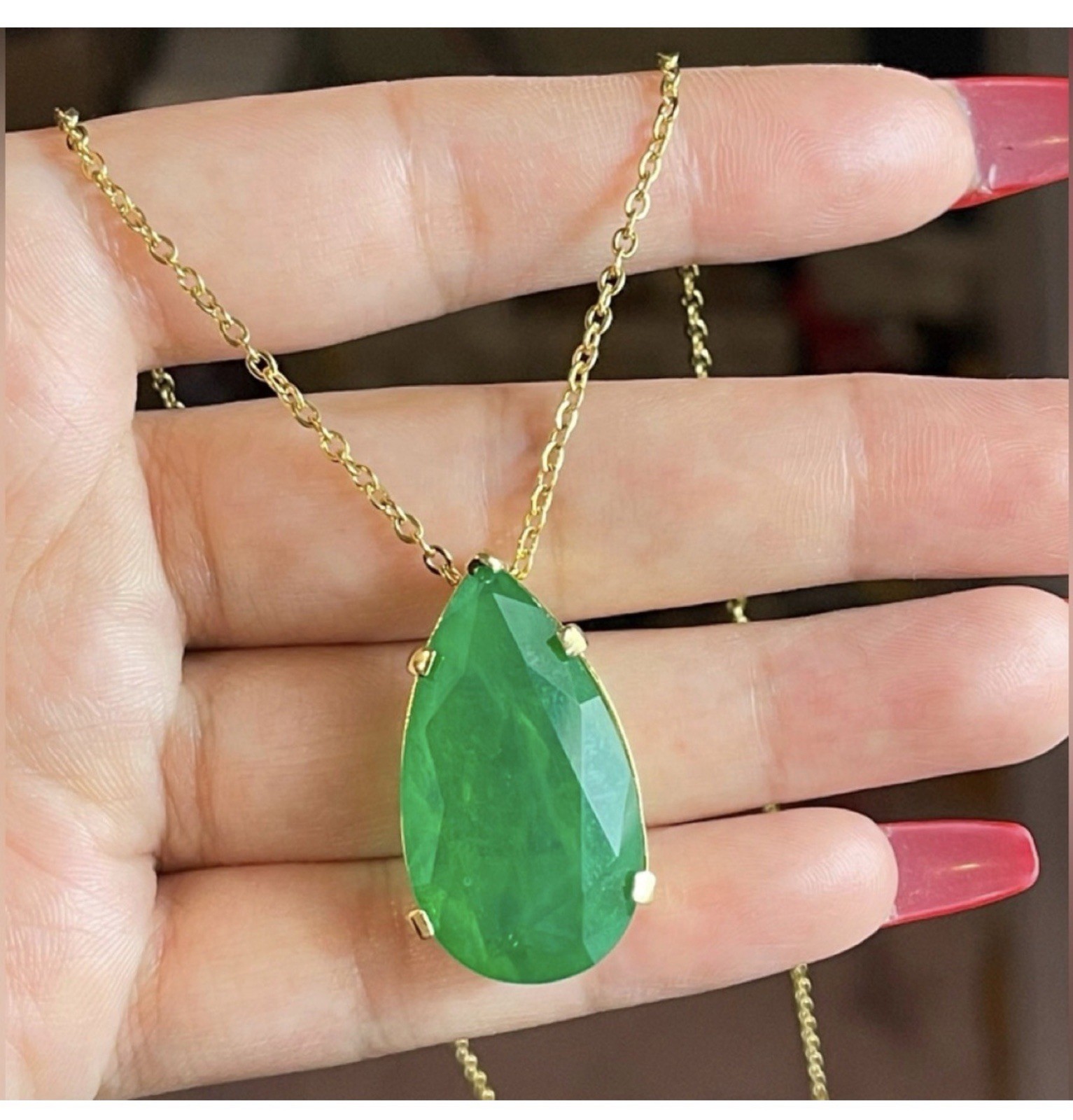 Green Pear 100% Zambian Emerald Necklace & Earrings Jewelry Elegant Teardrop