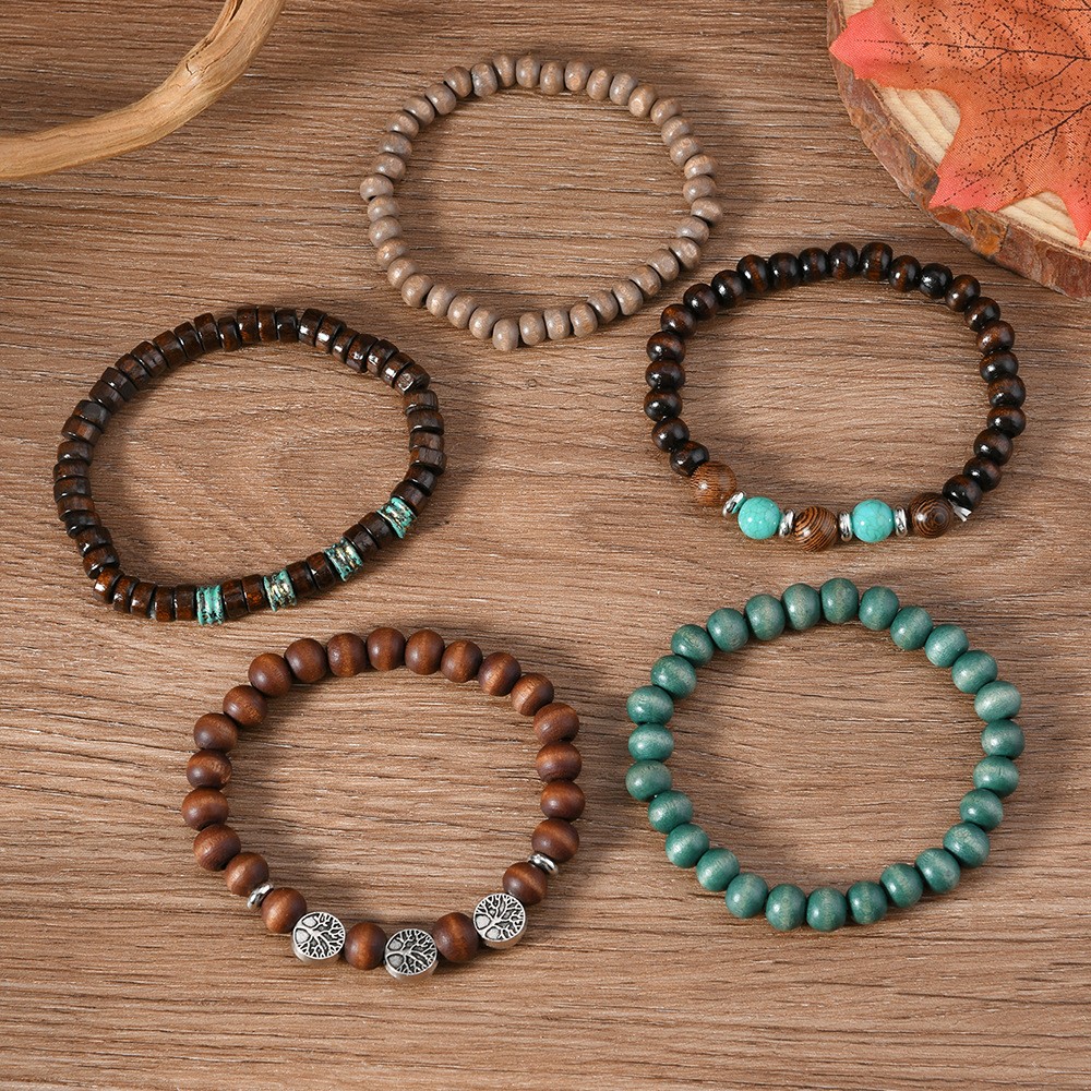 Vintage Men’s Wood Beaded Bracelet Turquoise Stone Life Tree Multi Layer