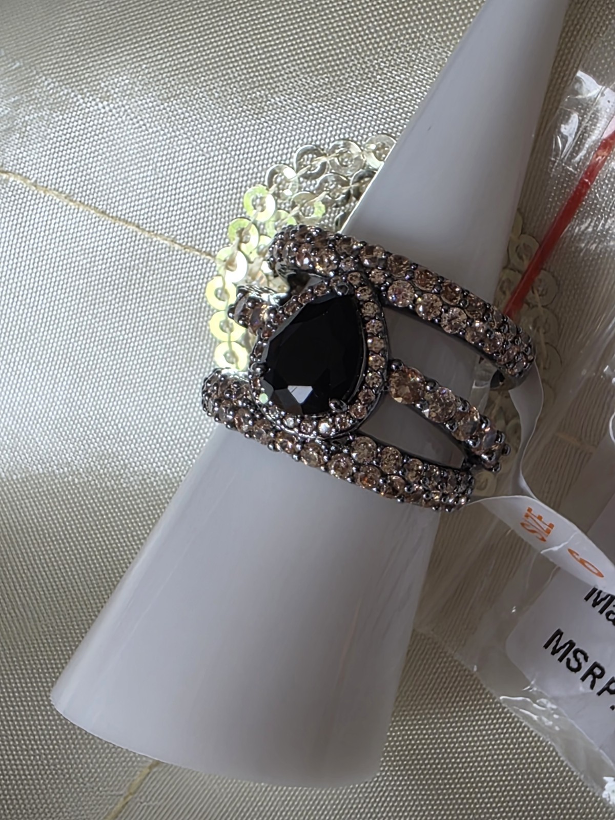 Hematite Plated Black Onyx Pear & CZ Prong Cocktail Statement Ring 6 RG89010