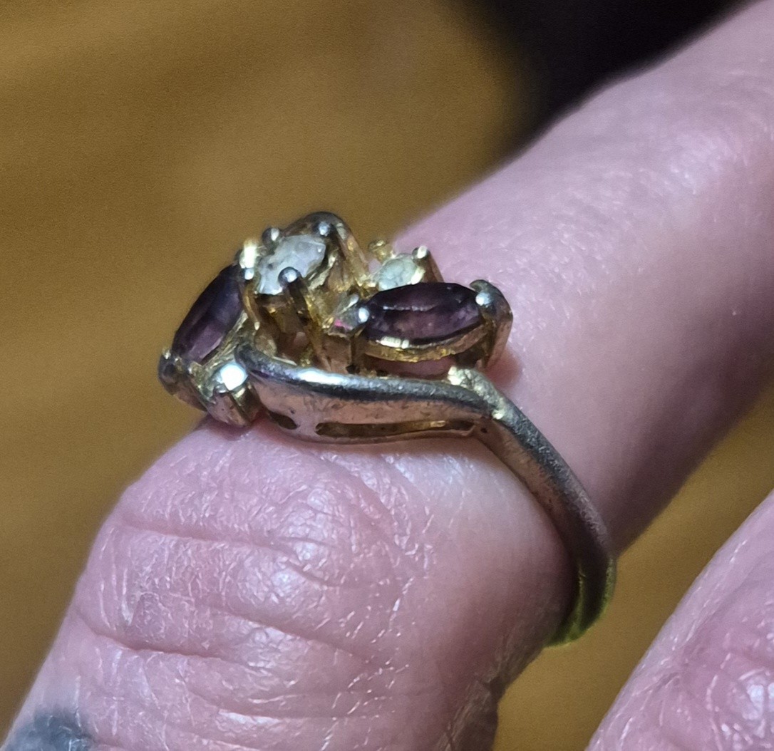 14 Kt Yellow Gold Prong Set Marquise Purple Stone Cocktail Ring With 3 Diamonds